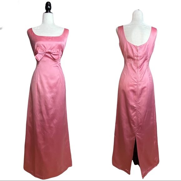Vintage 1960’s Handsewn Homemade Pink Plunge Satin Sleeveless Midi Dress [Sz 12] - Picture 2 of 16